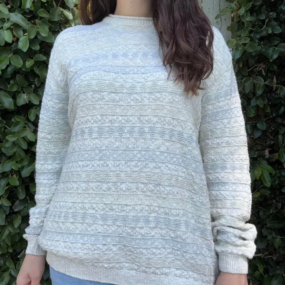 Vintage Beige and Blue Striped Beachy Nautical Knit Sweater Made in the USA